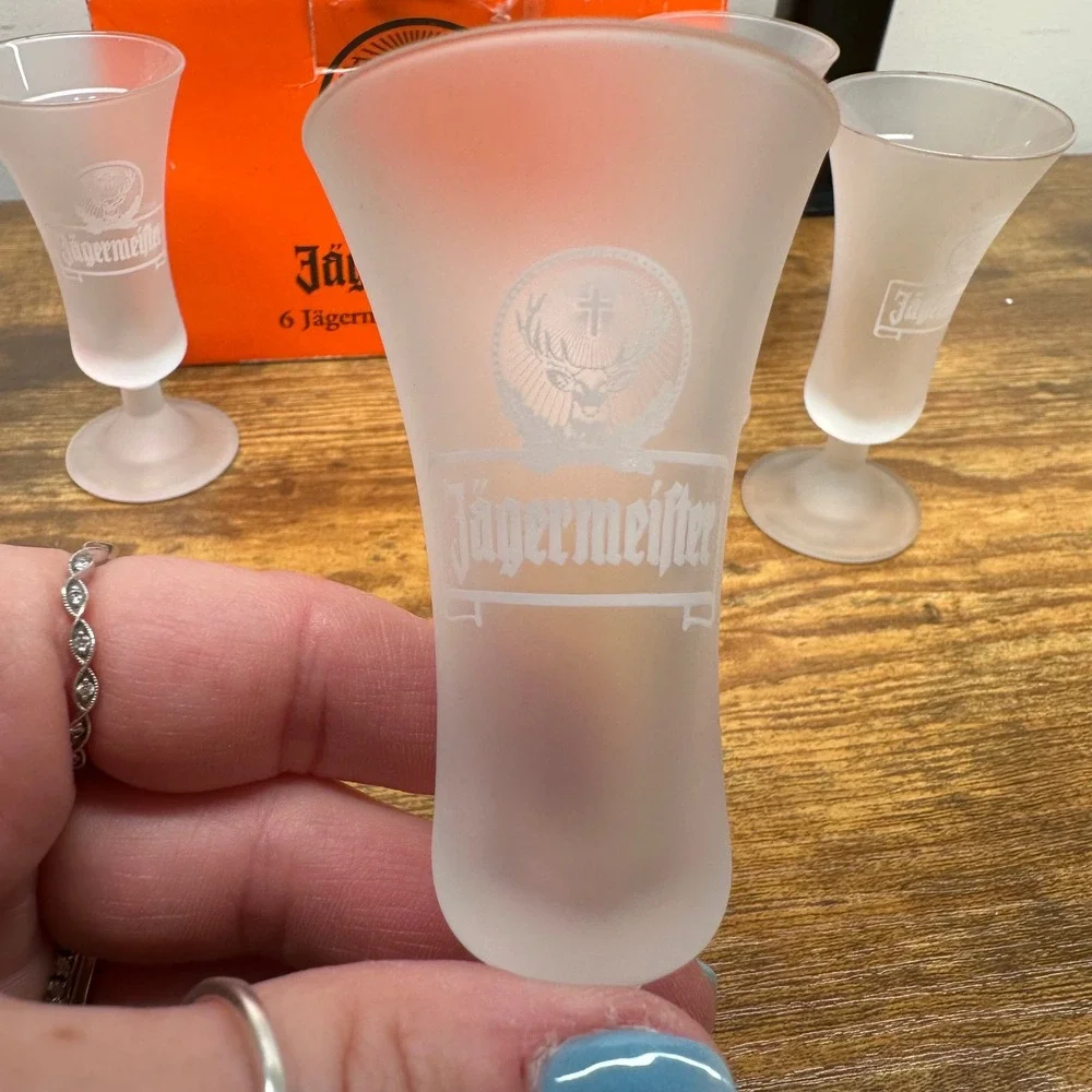 Jagermeister Frosted Glass Shot Glasses Set of 6 with Original Box 2cl Stemmed